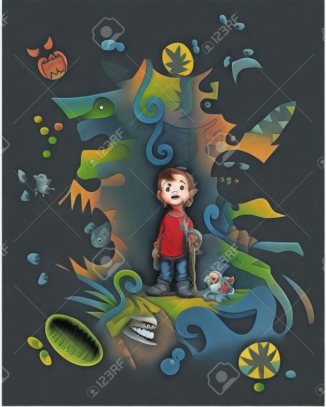 El miedo Ilustración de un niño de poco temeroso rodeado de monstruos de fantasía