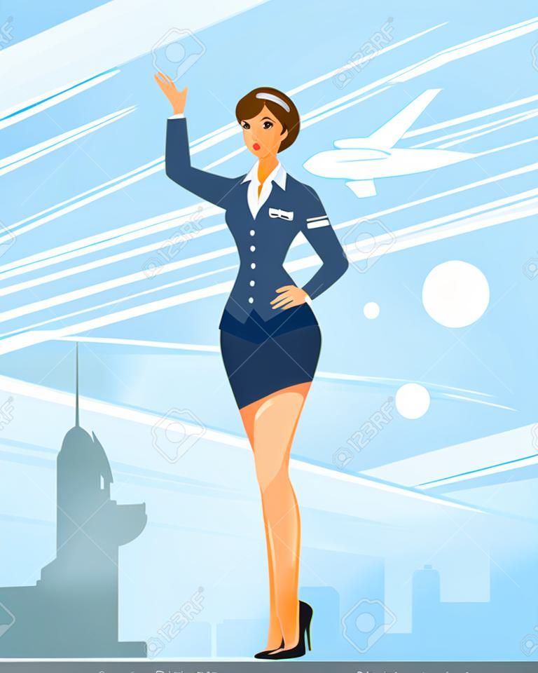 Vector illustration of stewardess in the background of airfield