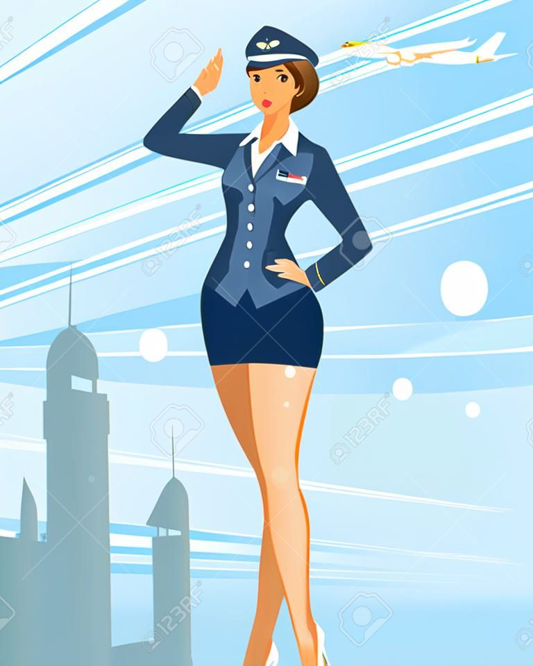 Vector illustration of stewardess in the background of airfield
