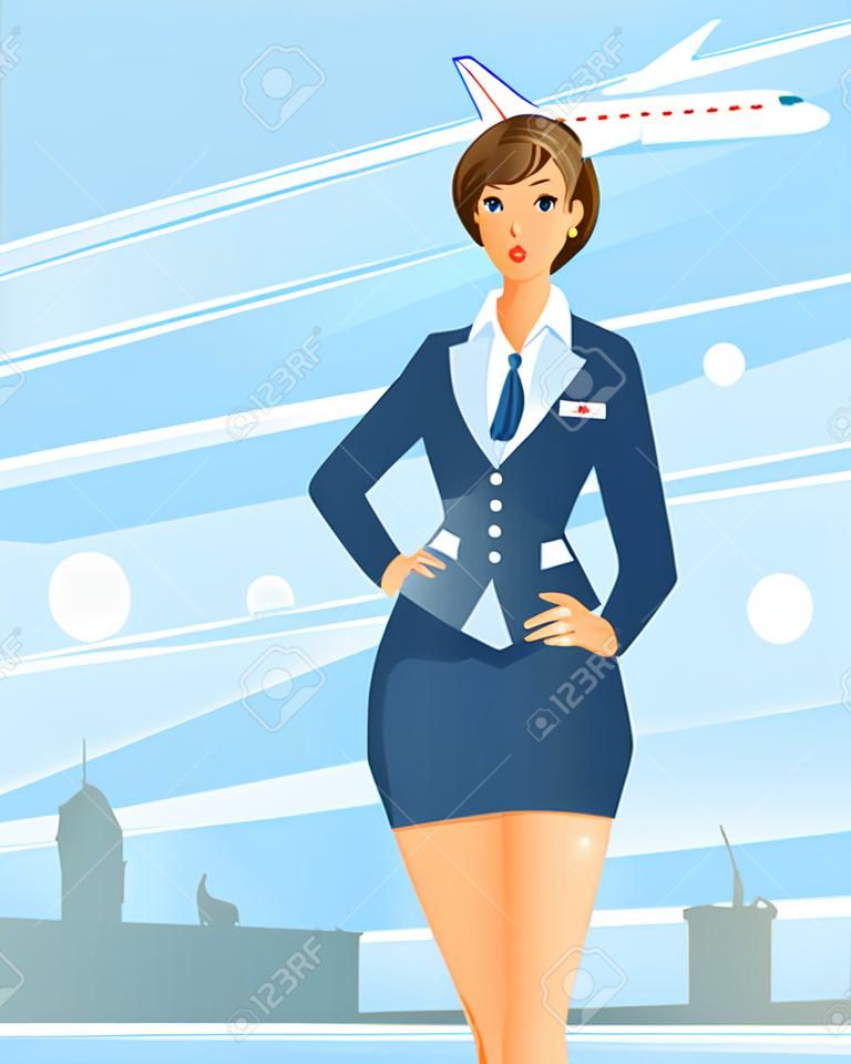 Ilustracja wektorowa stewardessy na tle lotniska