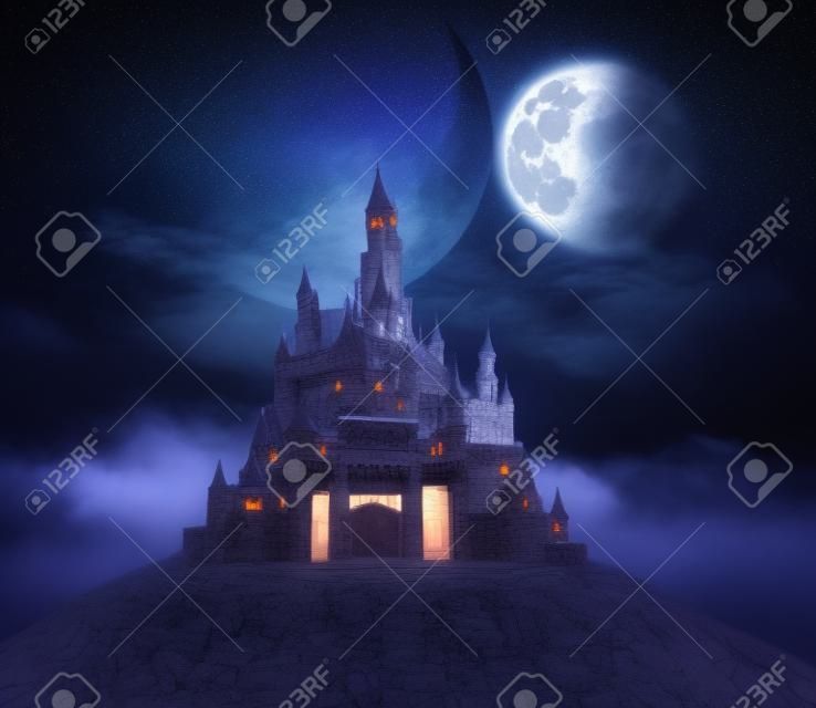 Fantasy-Schloss auf dem Berg mit großer Mondbeleuchtung. Foto-Manipulation. 3D-Rendering