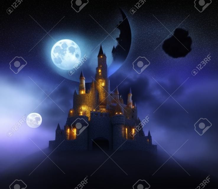Castello di fantasia sulla montagna con illuminazione della grande luna. Modifica della foto. Rendering 3D