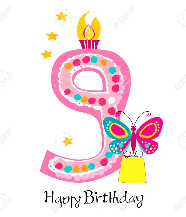 Happy third birthday candle. Baby girl greeting card with butterfly vector background