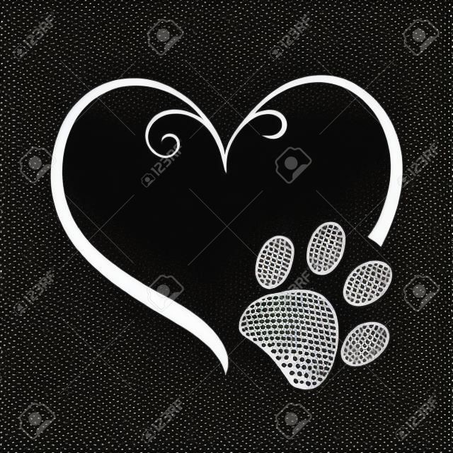 Dog paw prints with heart symbol. Tattoo design, vector illustration