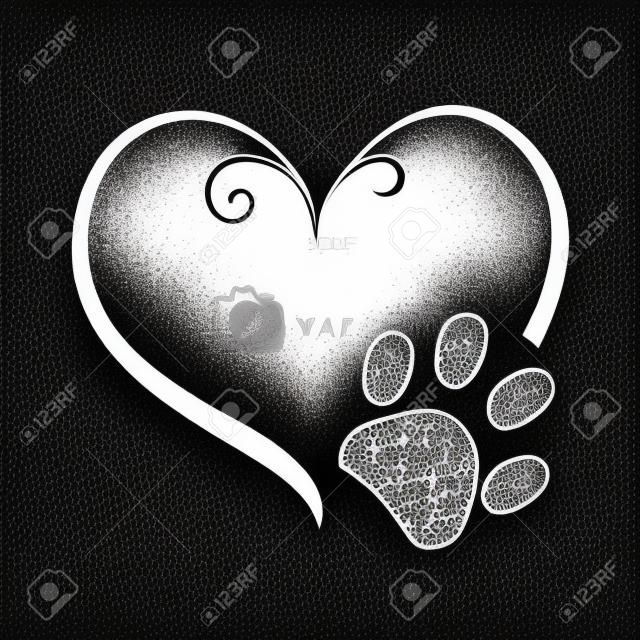 Huellas de perro con el símbolo del corazón. diseño del tatuaje, la ilustración vectorial