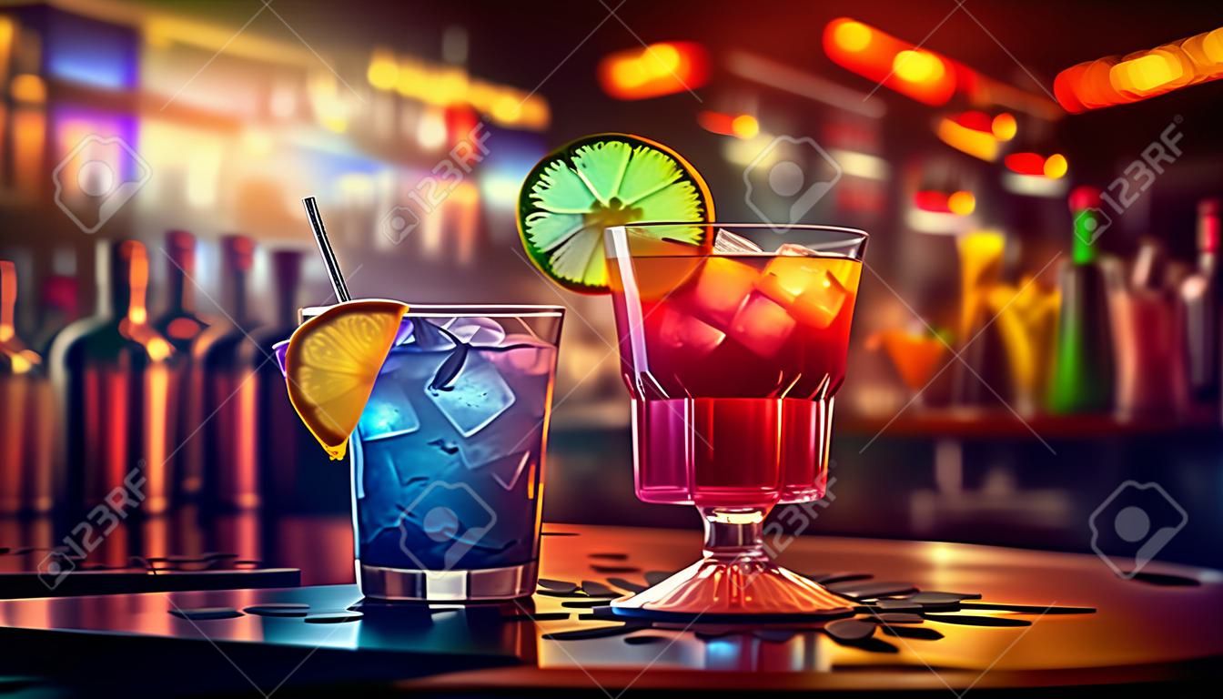 Koktajl alkoholowy na blacie barowym w kolorowym tle klubu nocnego
