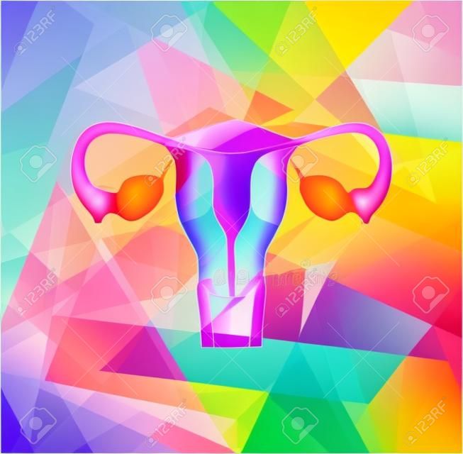 Weibliche Gebärmutter und Eierstöcke auf einem bunten geometrischen Hintergrund, abstrakte medizinische Illustration.