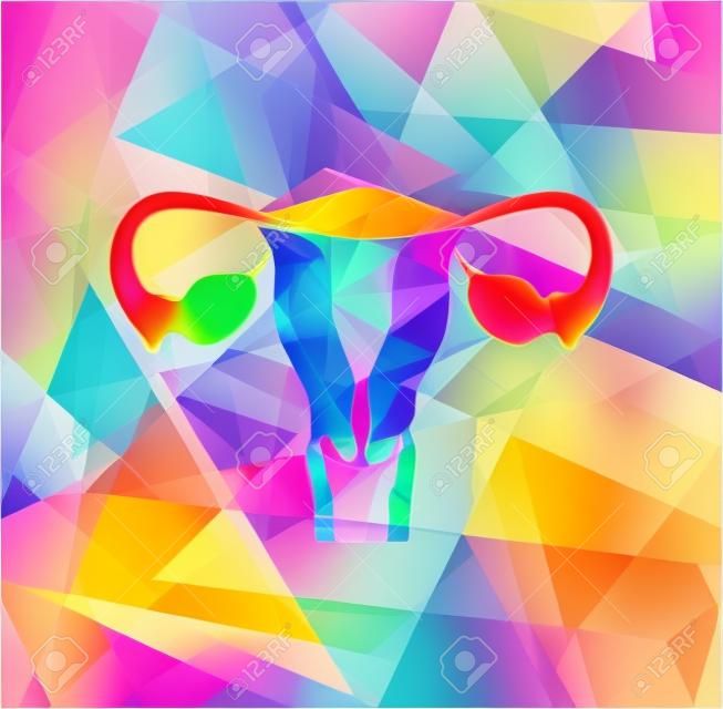 Женский матки и яичников на красочные геометрических фон, абстрактный медицинская иллюстрация.