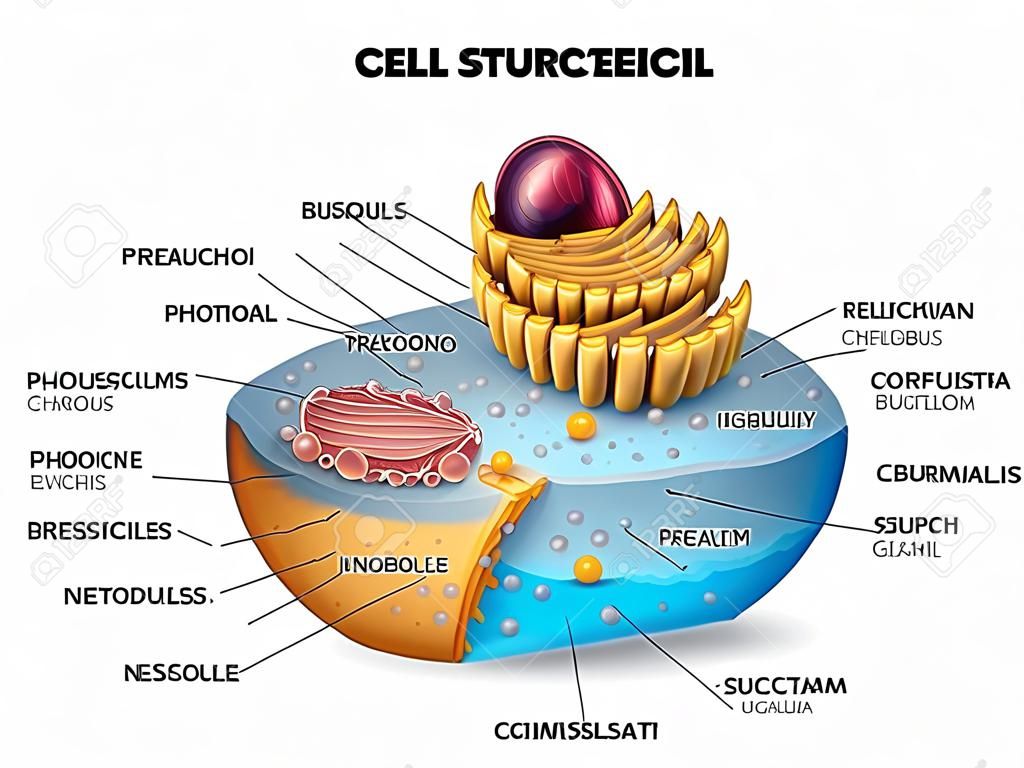 Cell structure, cross section of the cell detailed colorful anatomy with description