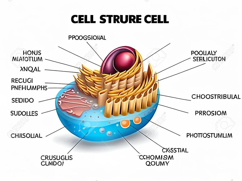 Cell structure, cross section of the cell detailed colorful anatomy with description
