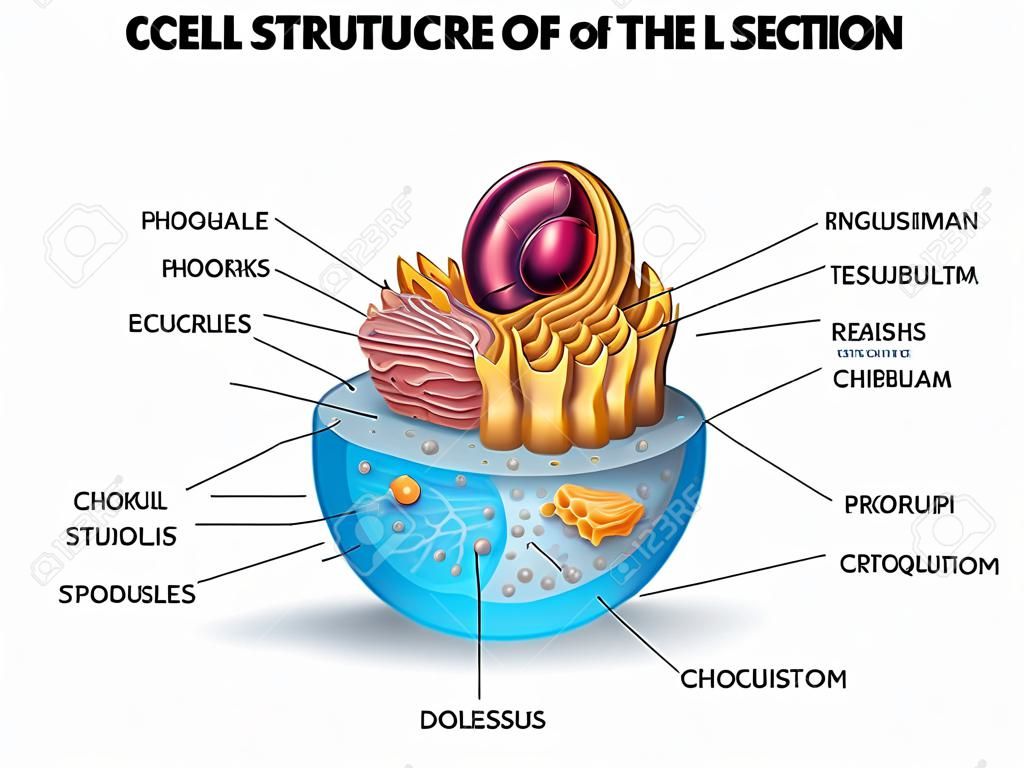 Structure cellulaire, section transversale de la cellule en détail l'anatomie colorée avec la description