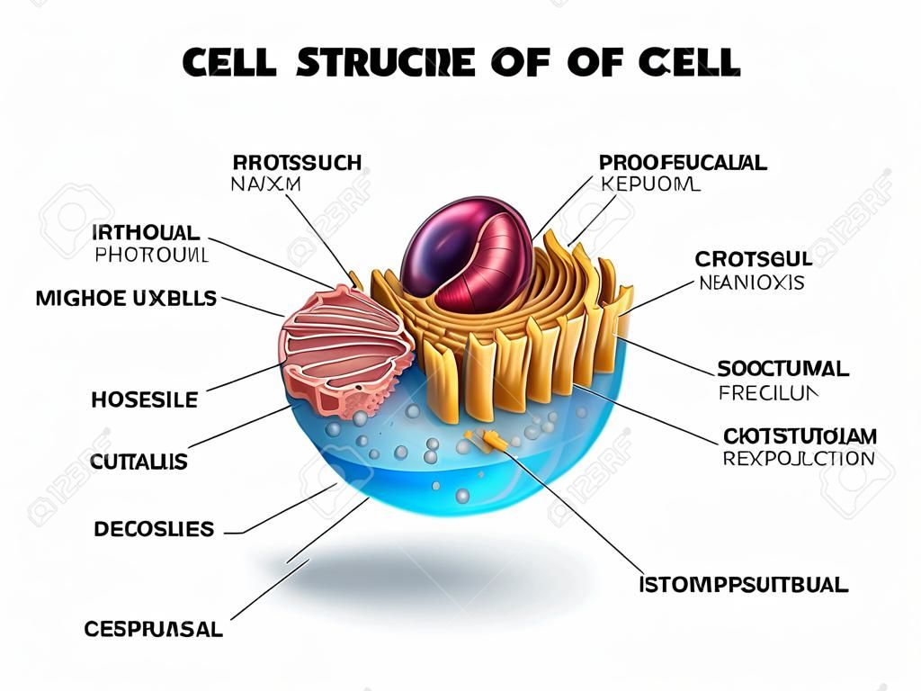Celstructuur, doorsnede van de cel gedetailleerde kleurrijke anatomie met beschrijving