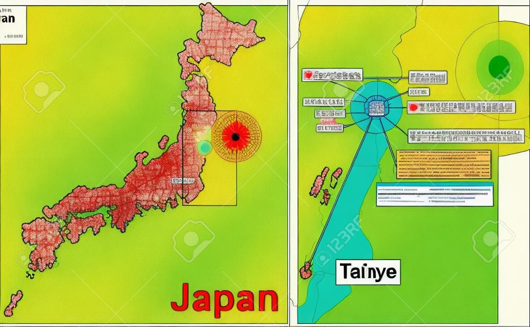 Mapa detallado de Japón con epicentro sísmico, contaminación radiactiva, las zonas de evacuación y ciudades