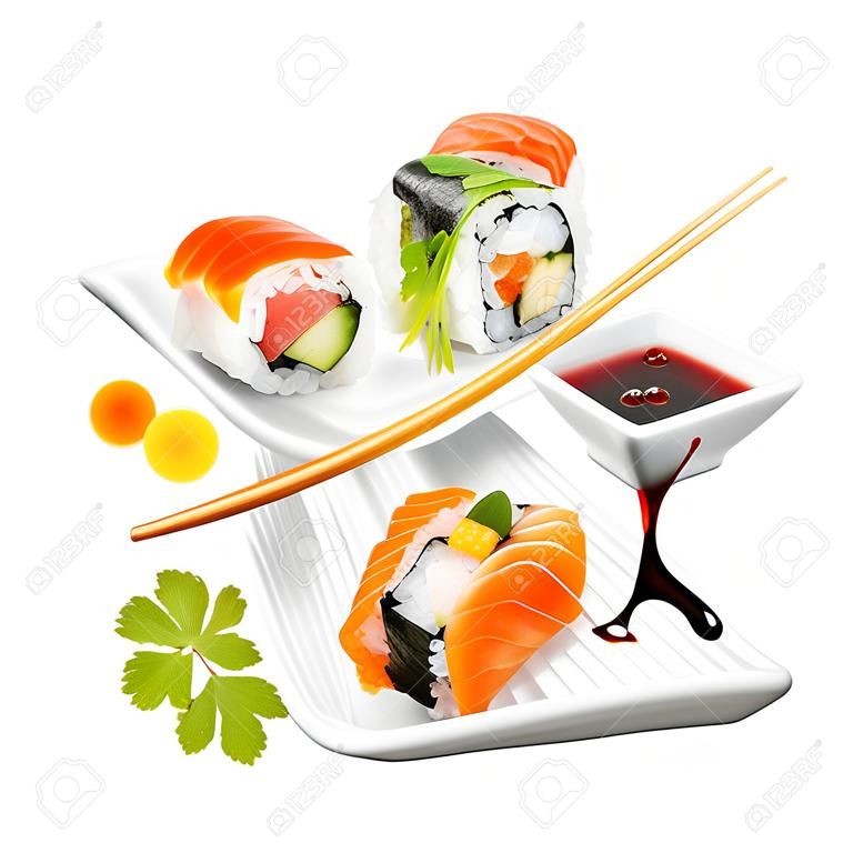 Delicious pieces of sushi, isolated on white background