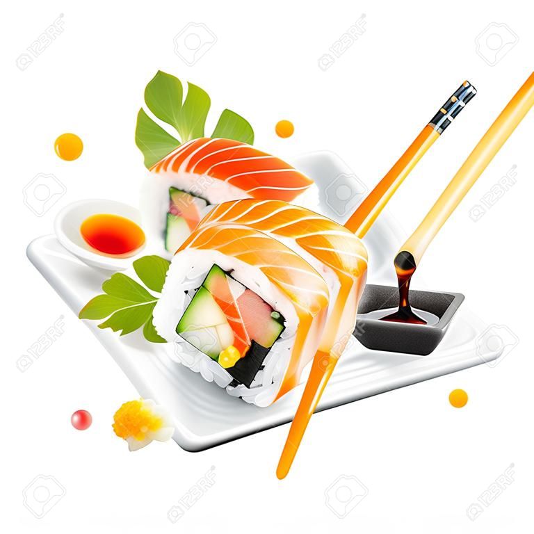 Deliziosi pezzi di sushi, isolato su sfondo bianco