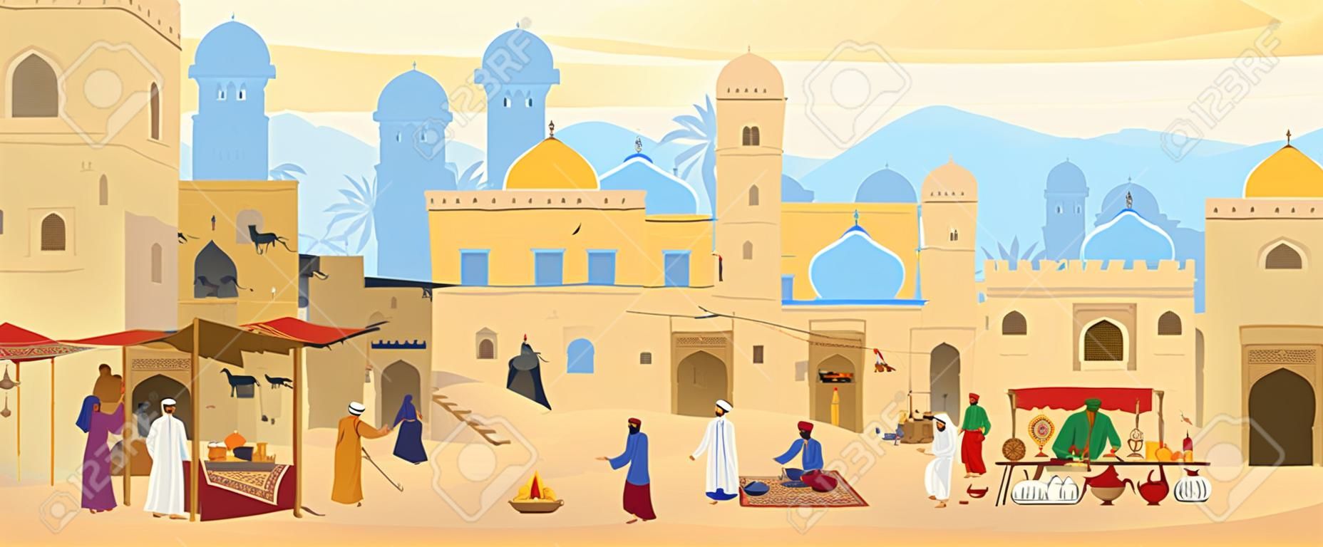 Vector Flat illustration of Middle Eastern Town. Arabic desert landscape with traditional mud brick houses and people. Street Bazaar With Carpets, ceramics, fruits, spices. islamic architecture.
