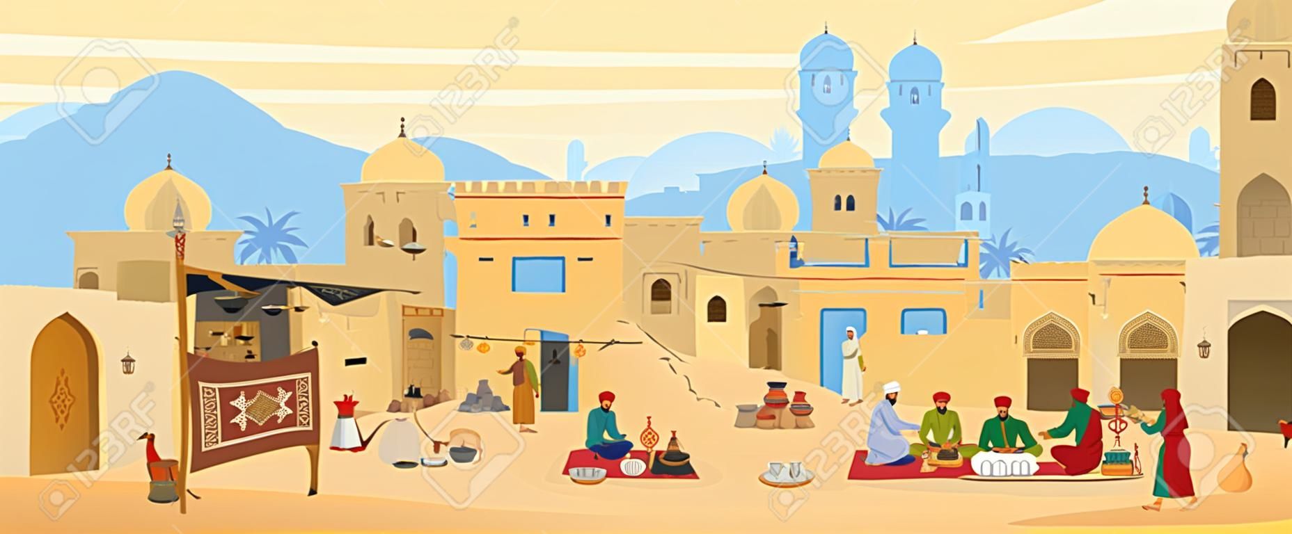 Vector Flat illustration of Middle Eastern Town. Arabic desert landscape with traditional mud brick houses and people. Street Bazaar With Carpets, ceramics, fruits, spices. islamic architecture.