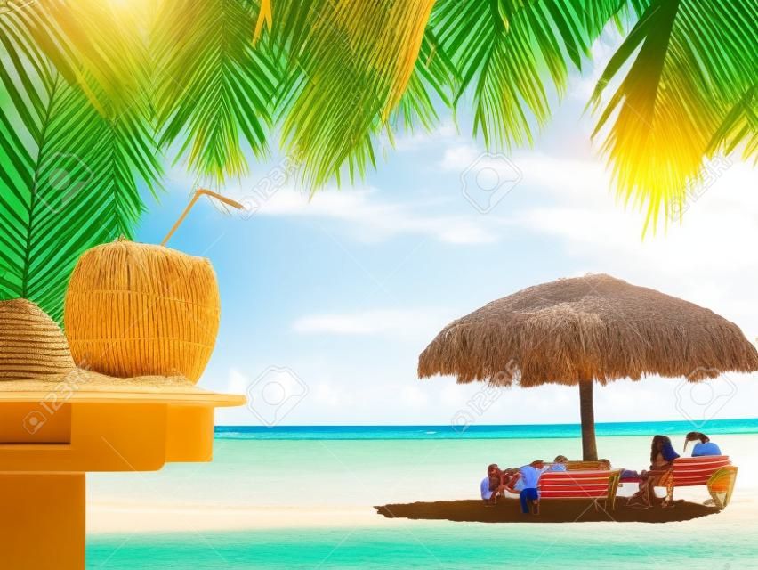 Люди отдыха в тропических хижин с кокосом и пальмовых листьев на переднем плане в кубинском пляже