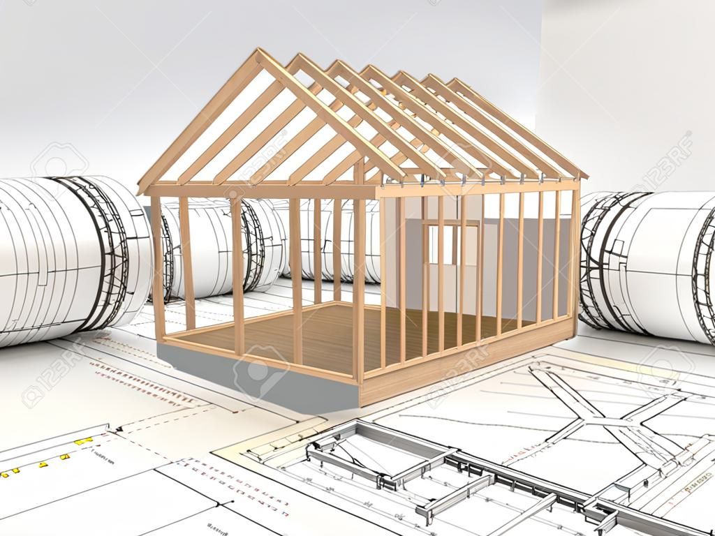 design and construction of wooden house - architects technical drawings and design 