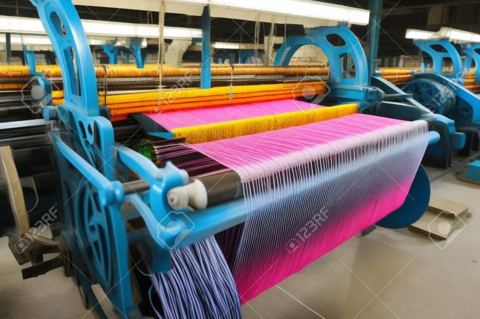 Una fila di telai tessili tessitura di filati di cotone in una filanda.