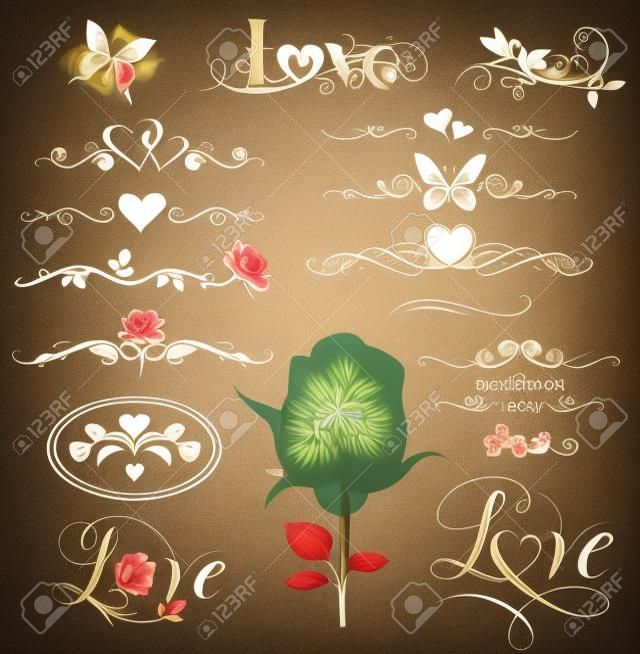 Conjunto de elementos caligráficos, corazones y flores decorativas
