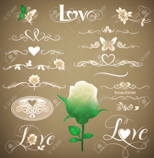 Set of calligraphic elements, decorative hearts and flowers