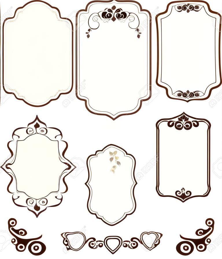 Vintage labels, tags and frames with calligraphic floral patterns and ornamental photo corners.