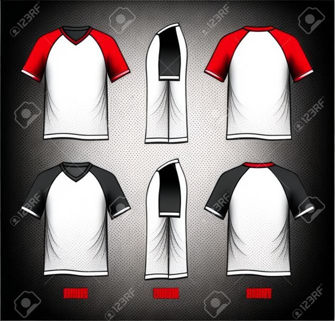 Men's short sleeve raglan V neck t shirt, front, side, back, black and white vector image