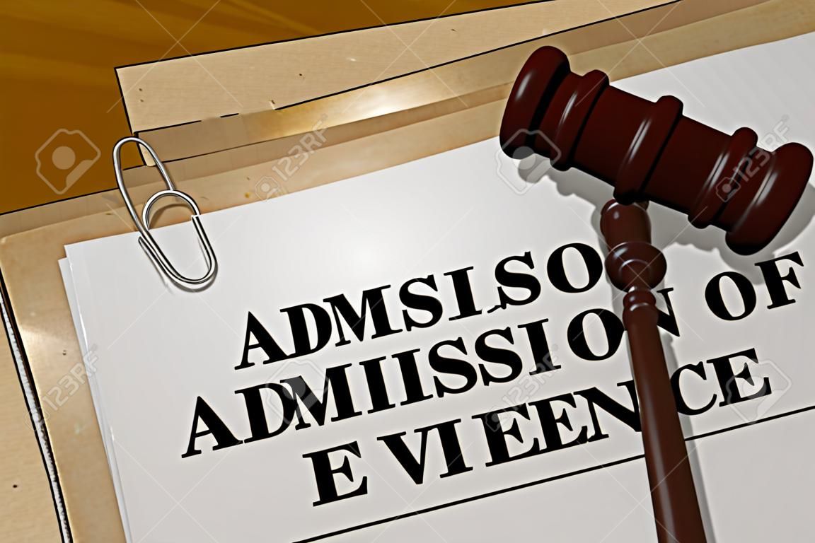 Ilustración 3D de "admisión de pruebas" del título de documento legal