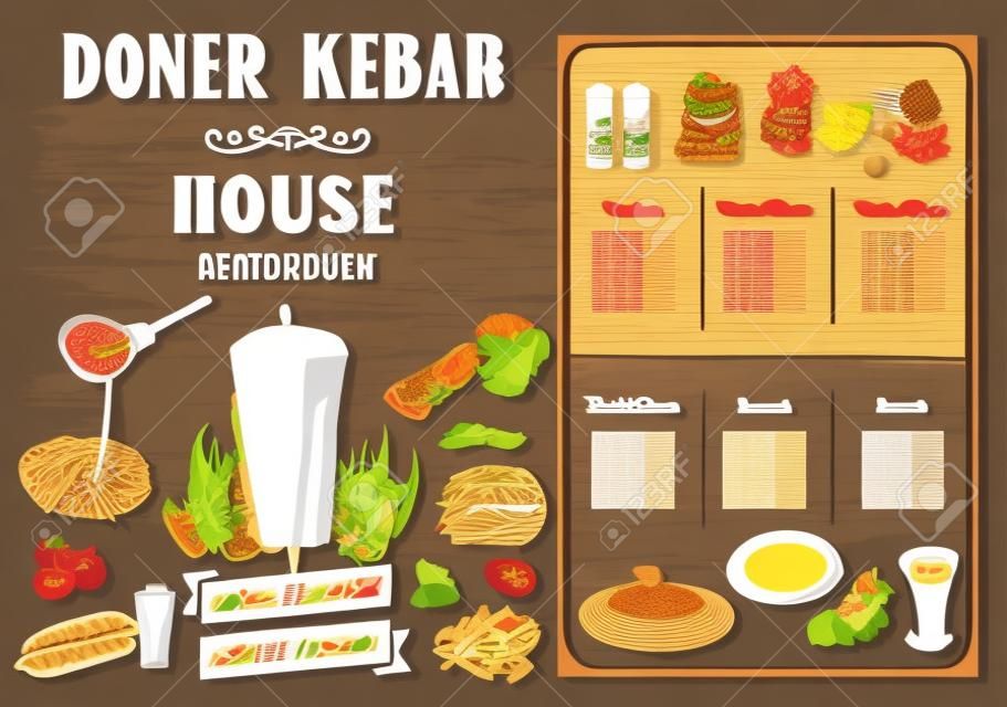 Doner kebab cooking and ingredients for kebab, Arabic cuisine frame. Fast food menu design elements. Shawarma hand drawn frame. Middle eastern food. Turkish food. illustration - Vector.