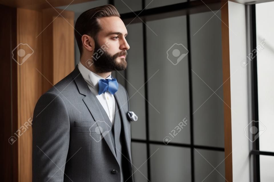 A stately handsome man with a beard dressed in a classic suit and a bow tie
