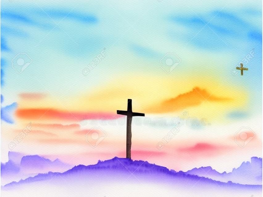 Watercolor vector illustration. Hand drawn Easter scene with cross. Jesus Christ. Crucifixion.