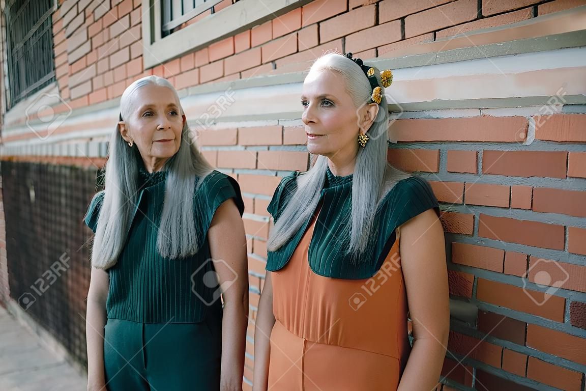 시니어 여성 쌍둥이, 같은 옷을 입고 서서 벽돌 벽 앞에 포즈를 취하고, 도시의 야외.