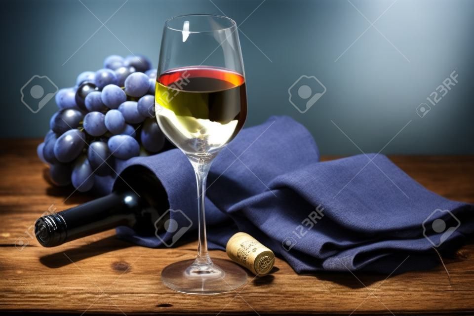Bottiglie di vino, grappolo d'uva e bicchiere di vino bianco su vecchio fondo di legno blu