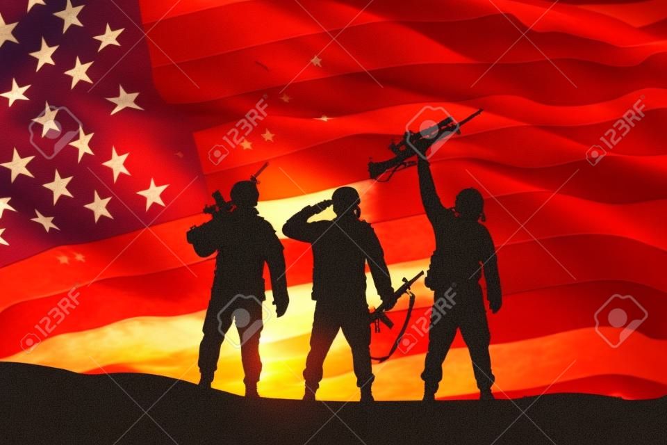 USA army soldiers on a background of sunset or sunrise and USA flag. Greeting card for Veterans Day, Memorial Day, Independence Day. America celebration. 3D rendering.