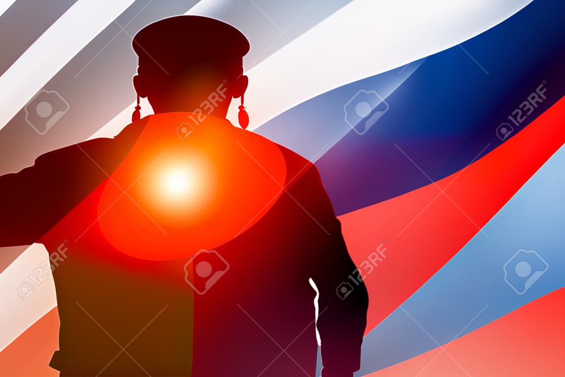 Silhouette de soldat russe en uniforme sur fond de drapeau russe. concept de recrutement militaire. rendu 3d.