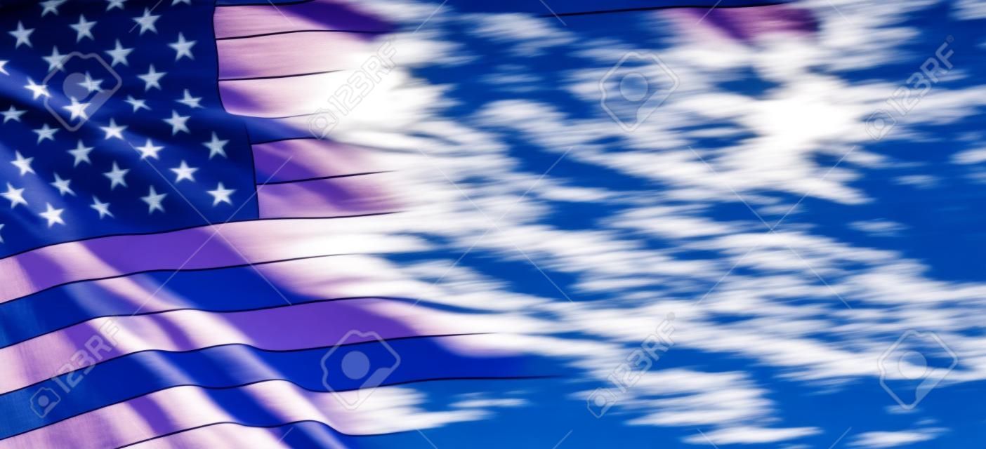 青空の背景にアメリカ合衆国の国旗。独立記念日、記念日、退役軍人の日。バナー。