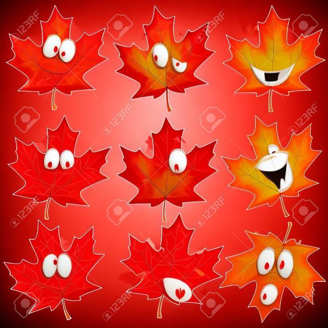 red maple leaf mascot with many expressions
