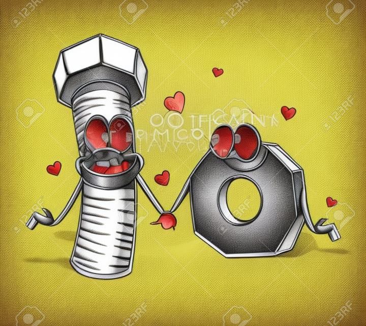 bout en noten cartoon - horen bij elkaar, ontwerp voor Valentijnsdag of huwelijkskaart