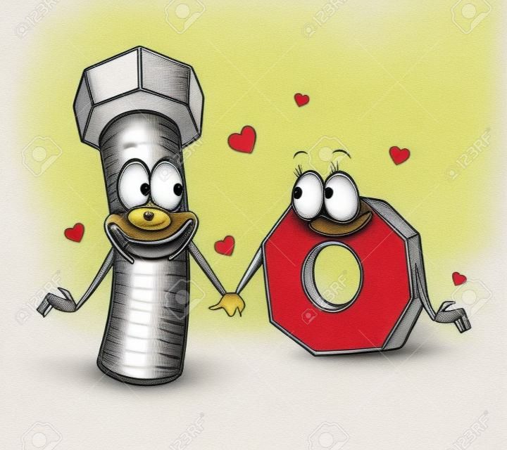 bolt and nut cartoon - belong together, design for valentines day or wedding card 