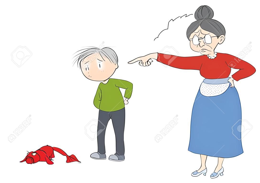 Stara kobieta, babcia, zła na swojego wnuka, wskazującego na niego. Uszkodzony kubek leżący na podłodze. Chłopak wygląda smutno, czekając na karę. Oryginalna ilustracja.
