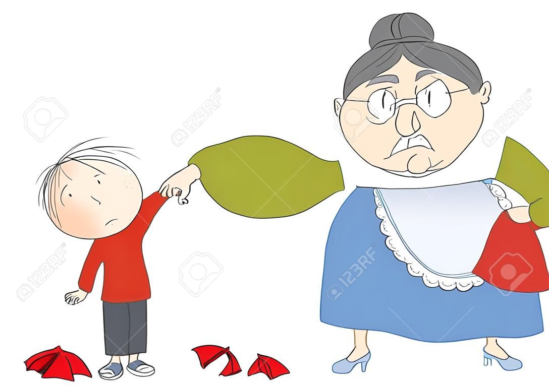 Mulher velha, avó, com raiva de seu neto, apontando para ele. Copo quebrado deitado no chão. O menino está parecendo triste, esperando para ser punido. Ilustração desenhada à mão original.