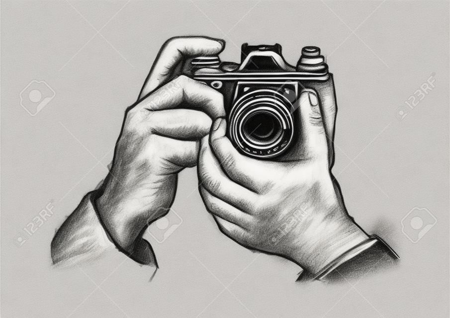 Twee handen houden een camera. Hand tekening illustratie.