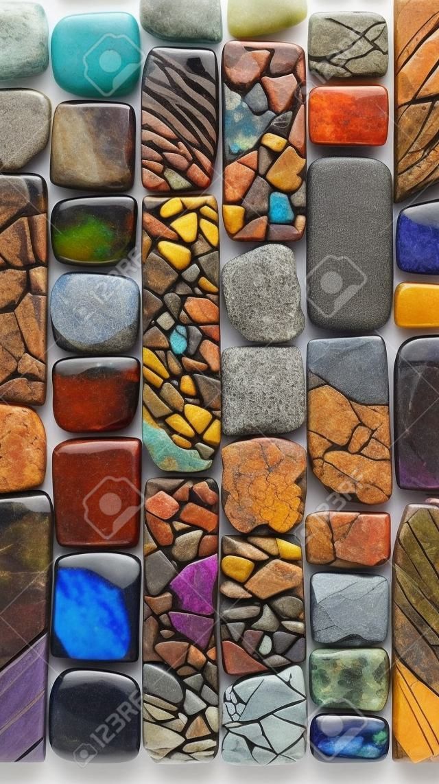 Kolekcja różnych kolorowych kamieni, w tym jeden wykonany z kamienia