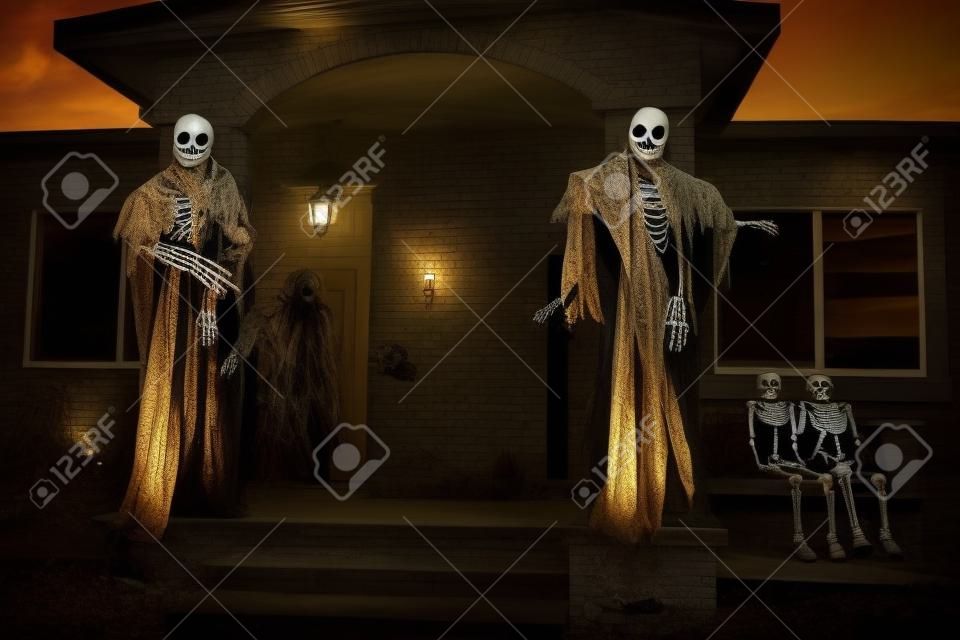 Skeletons in masks and monsters. Scenery for Halloween in October. Decoration in the yard.