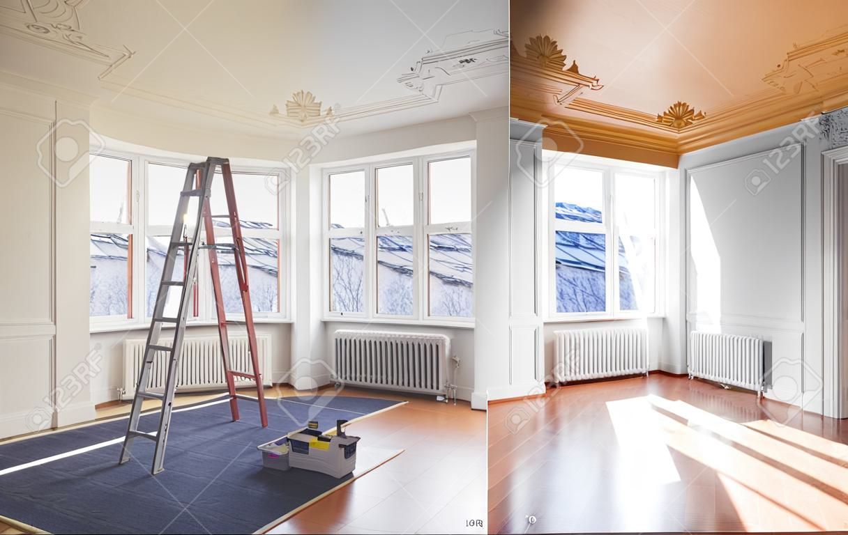 concepto de renovación - habitación antes y después de la renovación