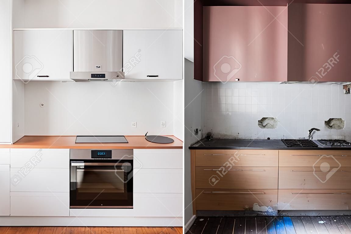 built-in kitchen  before and after  restoration  -  renovation concept -