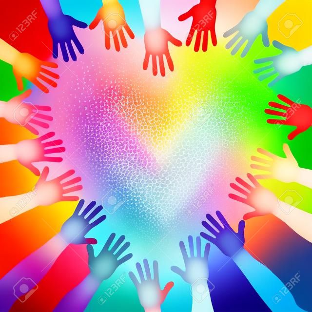 五顏六色的手形成一個心臟