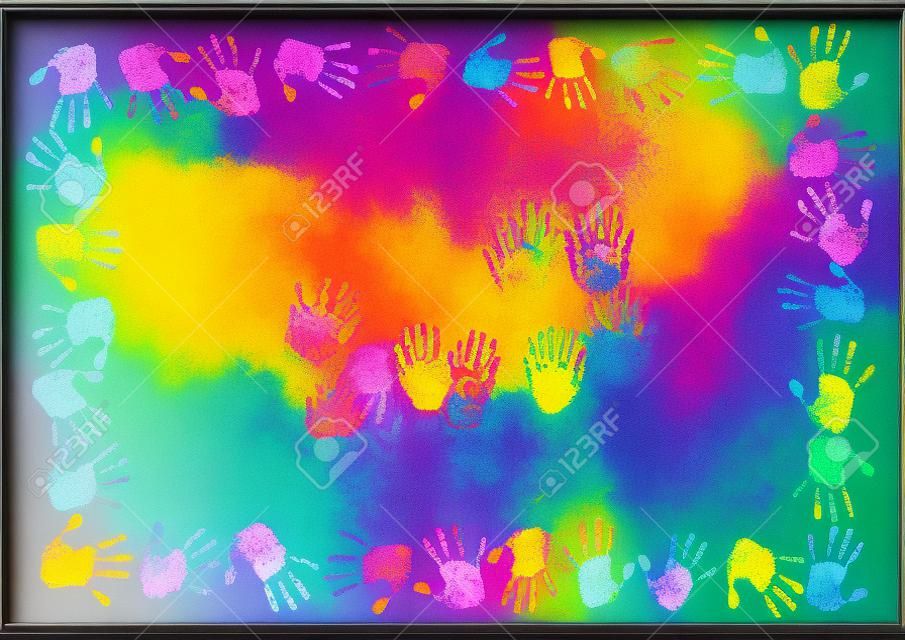 rectangular frame made of colorful handprints