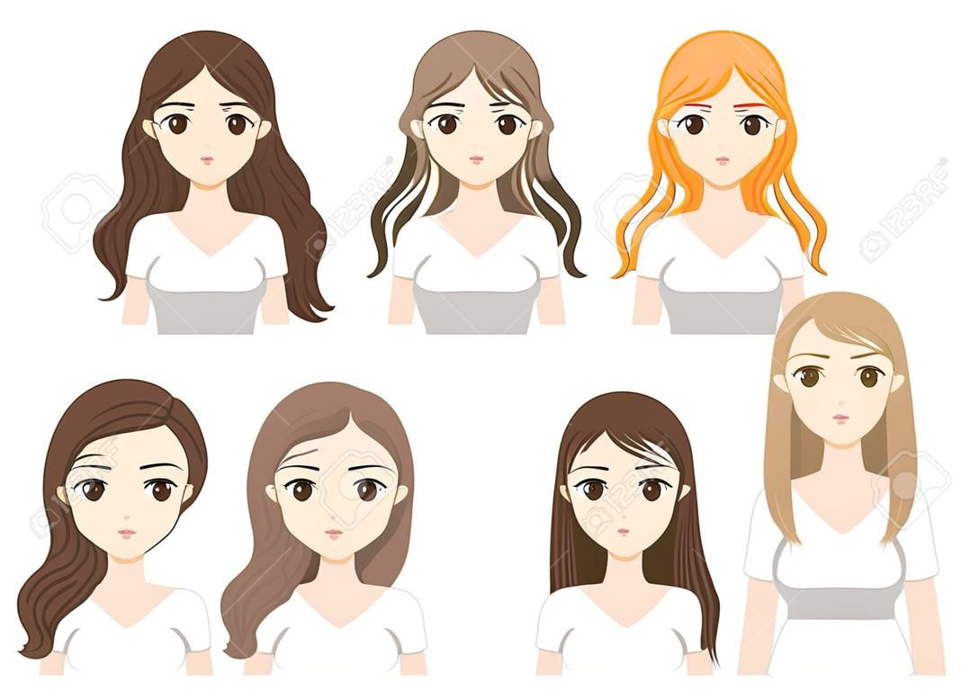 Mujer joven con diferentes estilos de cabello aislado sobre fondo blanco. Ilustración de vector.